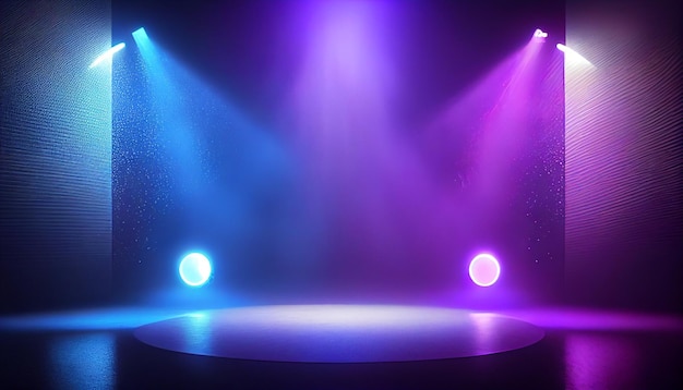 Empty scene with blue purple neon stage spotlight