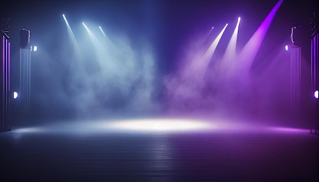 Empty scene with blue purple neon stage spotlight