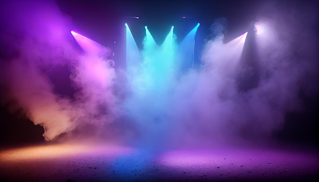 Empty scene with blue purple neon stage spotlight