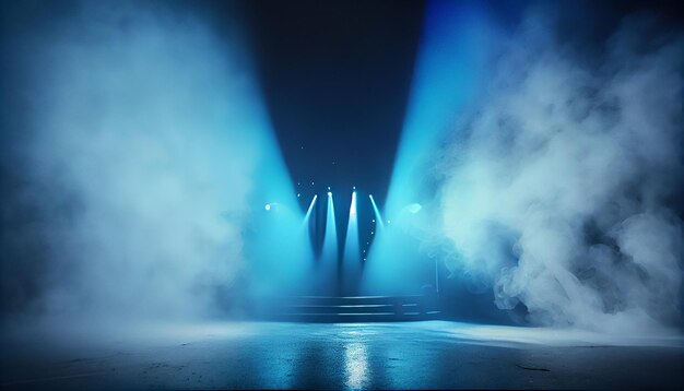 Empty scene with blue purple neon stage spotlight