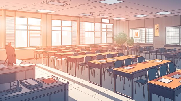 Premium AI Image  Anime scene of a classroom with a flower on a desk