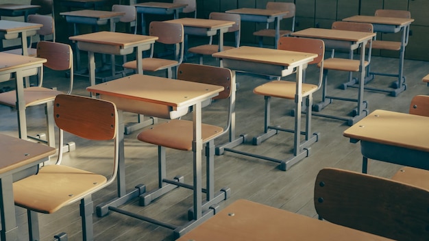 Empty school classroom desks and chairs 3d rendering