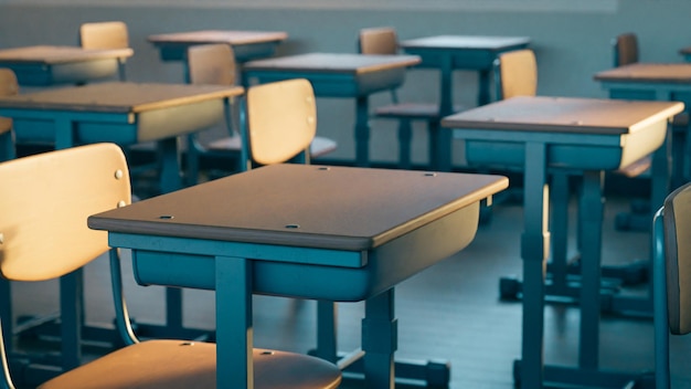 Empty school classroom desks and chairs 3d rendering