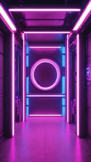 Empty sci fi room with white circle and blue purple neon tube