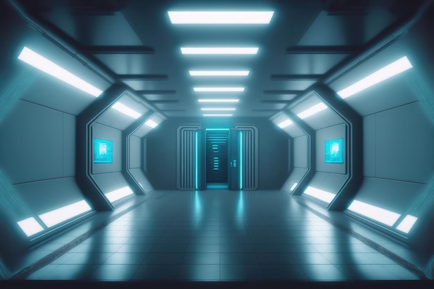 Photo empty scifi futuristic room of spaceship with blue light decoration