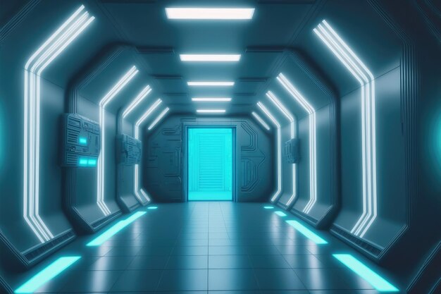 Empty scifi futuristic room of spaceship with blue light decoration