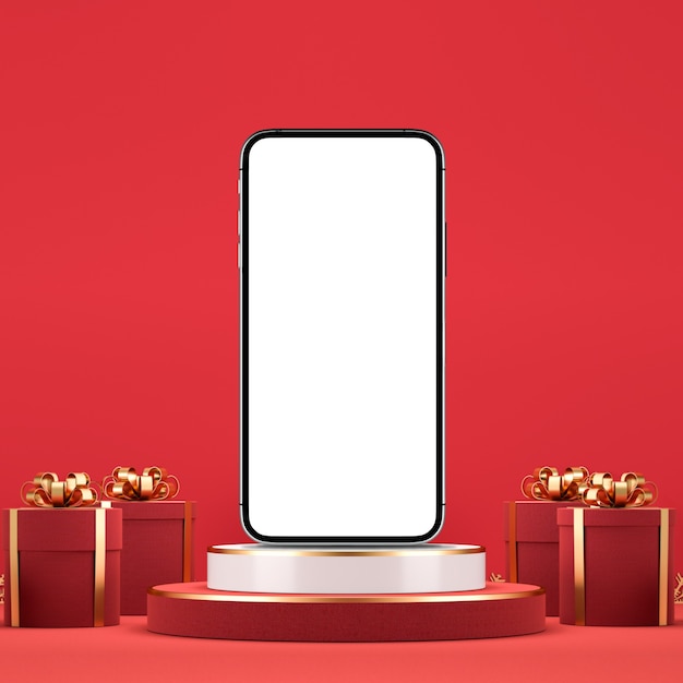 Schermo vuoto di un telefono sul podio di forma geometrica decorato con un concetto di confezioni regalo di natale e capodanno