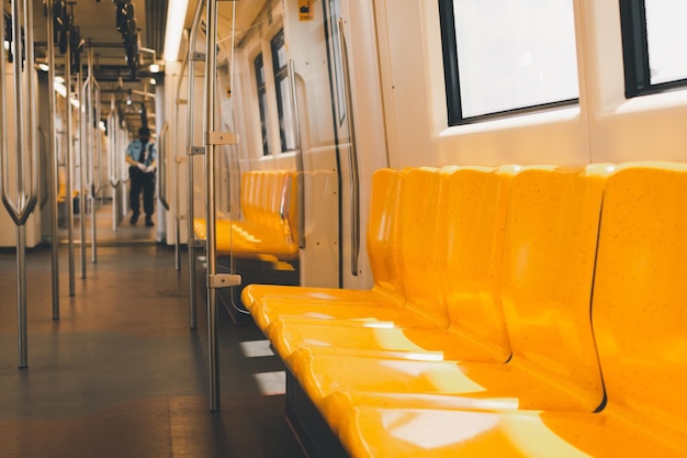 Empty seat inside subway or sky train with patrol walking through by security guards