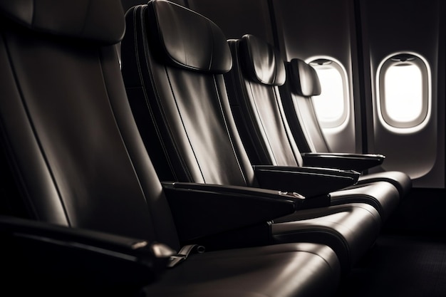 Empty seats in an airplane with a window in the background.