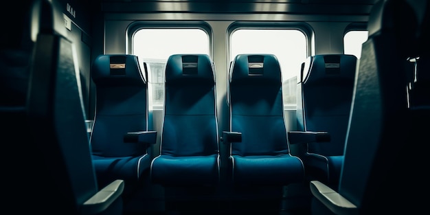 Empty seats in a train with the word " train " on the side.