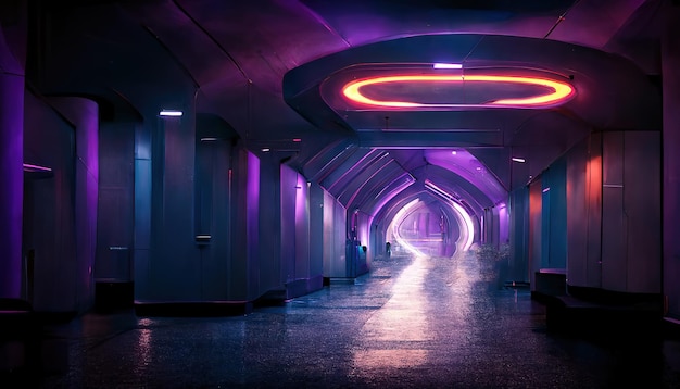 Empty semi dark corridor of space ship with neon lights