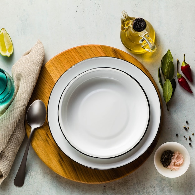 empty set of plates on a table
