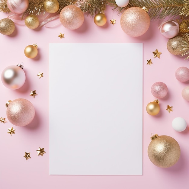 Photo an empty sheet of paper on a background of christmas toys and confetti letterhead template