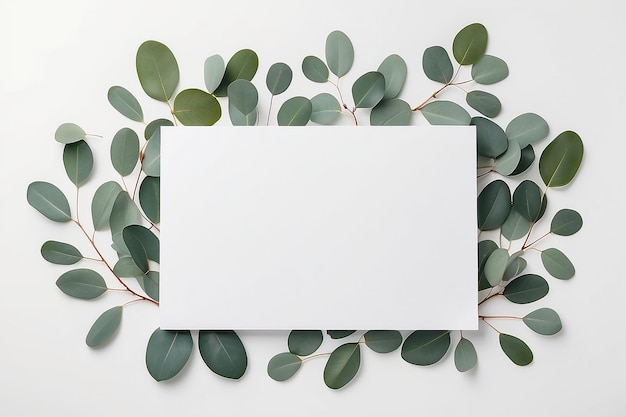 Empty sheet of paper and decorative eucalyptus leaves on white background flat lay Mockup for design