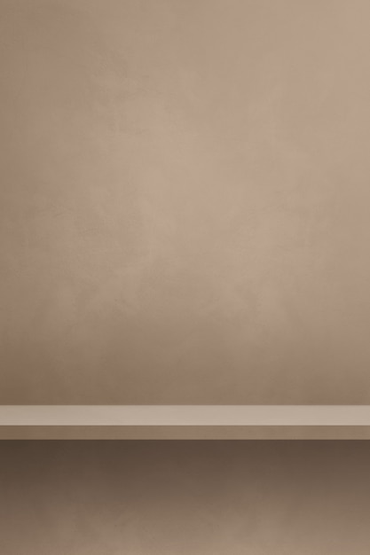 Empty shelf on a beige wall. Background template scene. Vertical backdrop