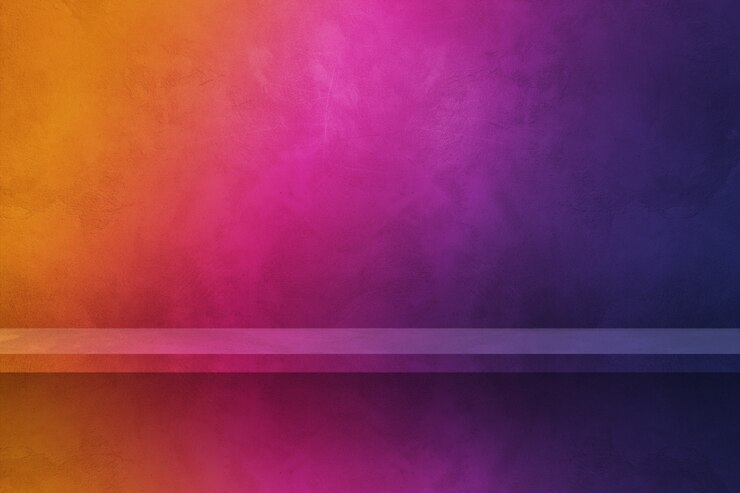 Photo empty shelf on a colorful wall. background template scene. horizontal backdrop