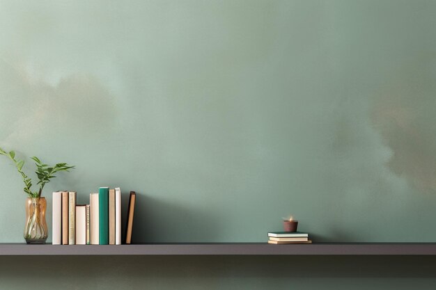 Photo empty shelf on a khaki green concrete wall background horizontal mockup