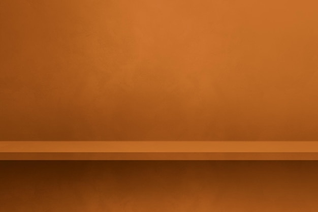 Empty shelf on an orange brown concrete wall Background template Horizontal mockup