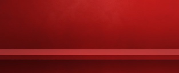 Empty shelf on a red wall. Background template scene. Horizontal banner