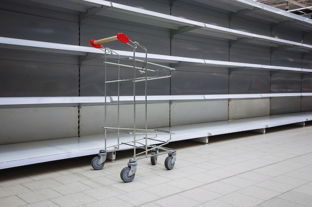 Empty shelves in supermarket, copy space