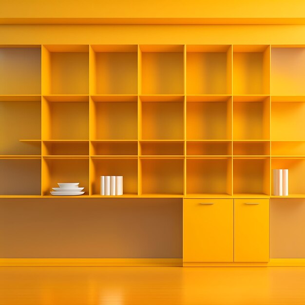 Empty shelves on yellow wall