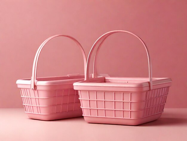 Photo empty shopping baskets on pink background 3d rendering illustration