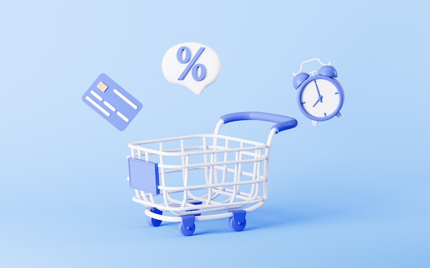 Empty shopping cart and alarm time bank card in the blue background 3d rendering