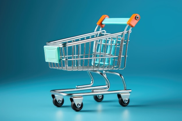 Empty shopping cart on bright blue background Shopping online shopping concept