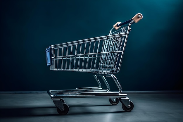 Empty shopping cart isolated on green background with copyspace