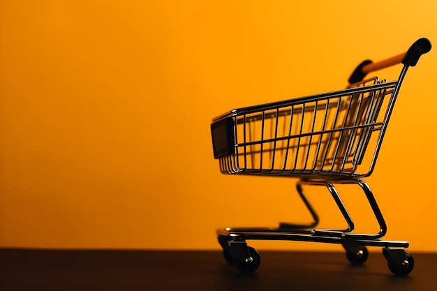 Empty shopping cart isolated on yellow background with copyspace