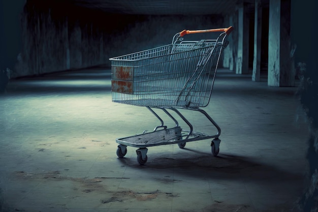 Empty shopping cart standing on stone floor of large supermarket