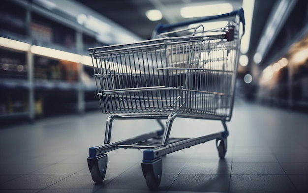 Empty shopping cart in supermarket shallow depth of field Toned image Generative AI