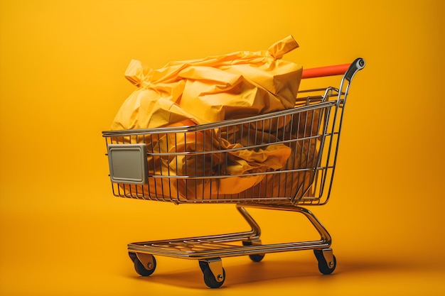 Empty shopping cart with shopping bag isolated on yellow background with copyspace