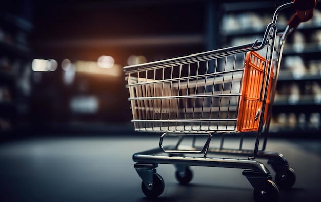 Empty shopping cart with supermarket aisle shelves blurred in background Online shopping