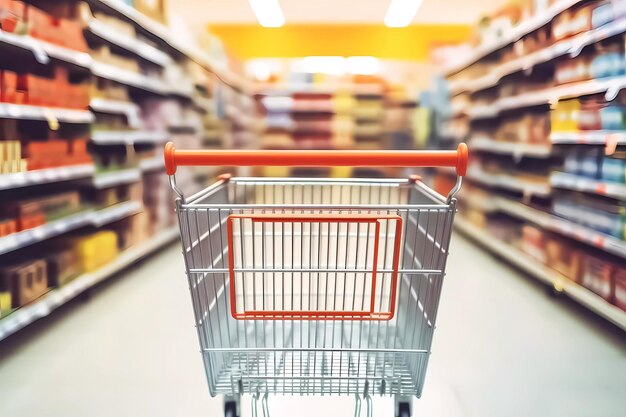 Empty shopping cart with supermarket background Generative ai design
