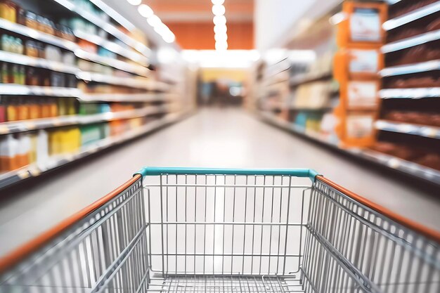 Empty shopping cart with supermarket shelves Generative ai