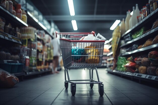 Empty shopping trolley on supermarket background