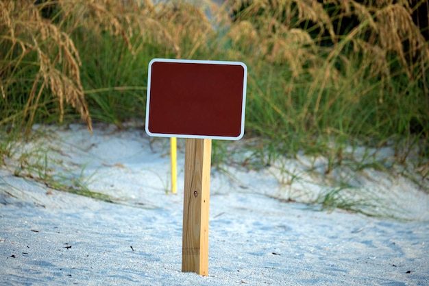 Empty signboard with copy space on seaside beach with small sand dunes and grassy vegetation on warm summer evening