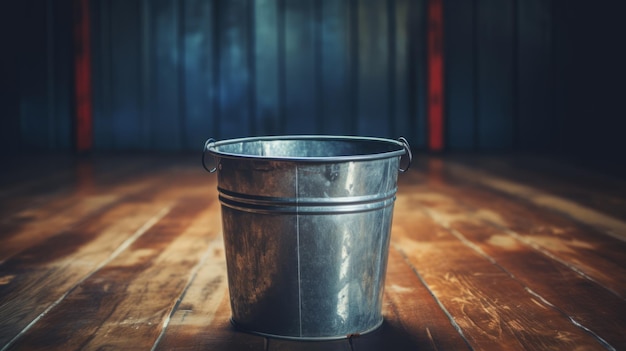 Photo empty silver bucket on wood floor a minimalist industrialinspired photograph