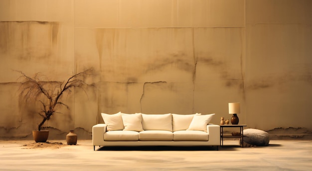 an empty sitting room with light brown wall and furniture