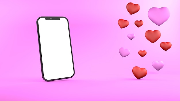 Empty smartphone with blank screen on pink heart shape background Online shopping selling and advertising for Valentine39s Day wedding romance love concept High quality 3d illustration