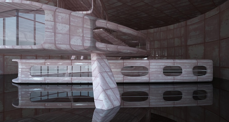 Photo empty smooth abstract room interior of sheets rusted metal architectural background 3d