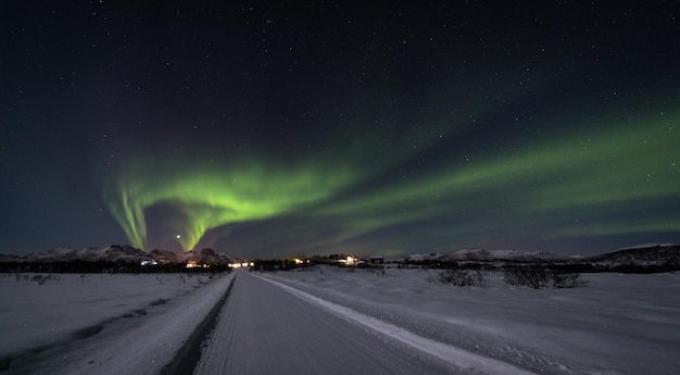empty snow covered road against aurora borealis at night