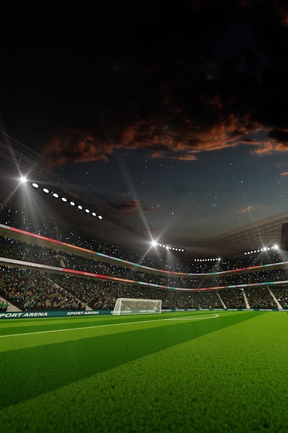 Lo stadio di calcio vuoto di calcio di notte 3d rende