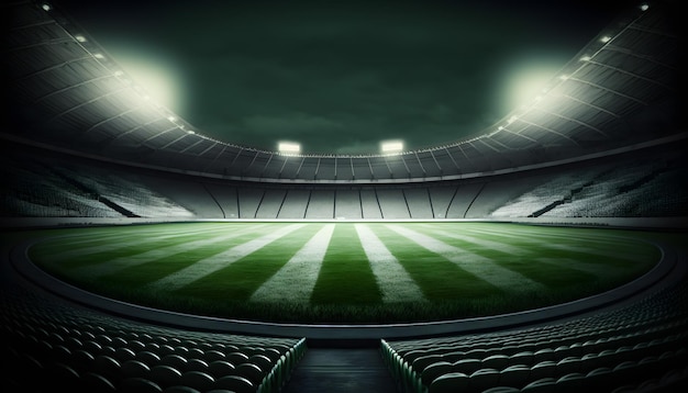 Empty Soccer Stadium in the Night with Lights