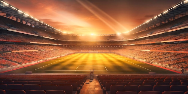 An empty soccer stadium at sunset