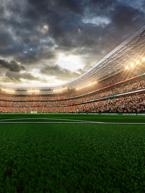 Empty soccer stadium with fans in the evening light