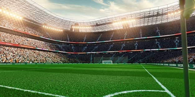 empty soccer stadium with fans in the evening light