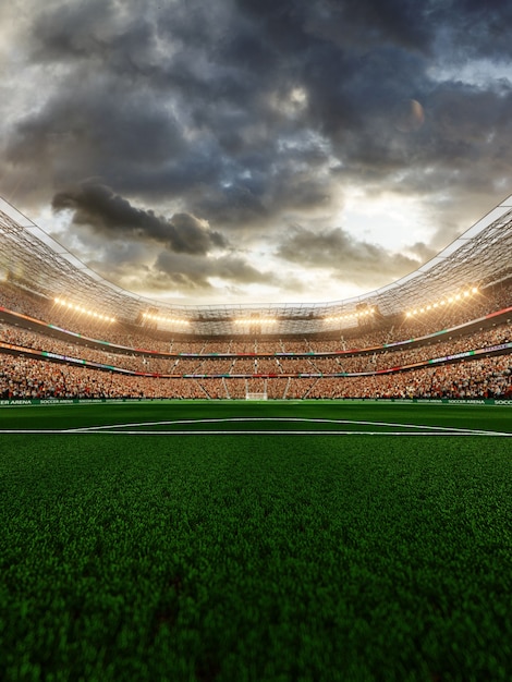 Пустой футбольный стадион с фанатами в вечернем свете