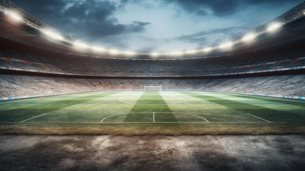 Empty soccer stadium with a goal post and the word soccer on it